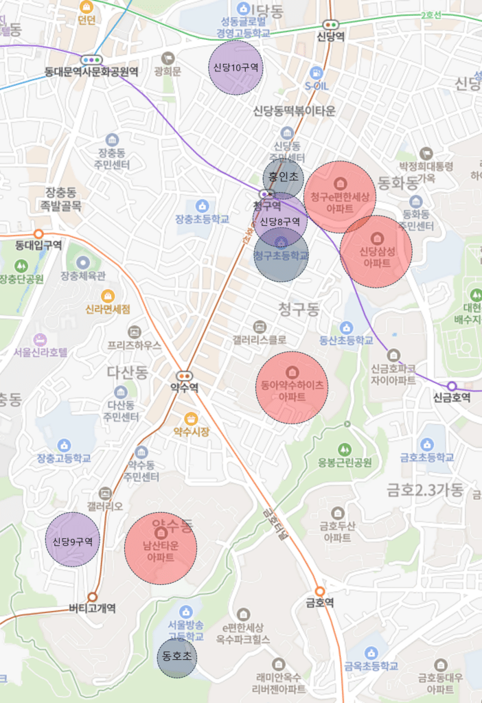 남산타운 약수하이츠 신당삼성 청구e편한세상 임장 위치도